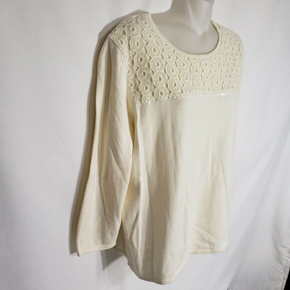 Alfred Dunner Womens Sweater Small Crochet Lace Ivory Knit 3/4 Sleeve Sequins - Picture 7 of 11
